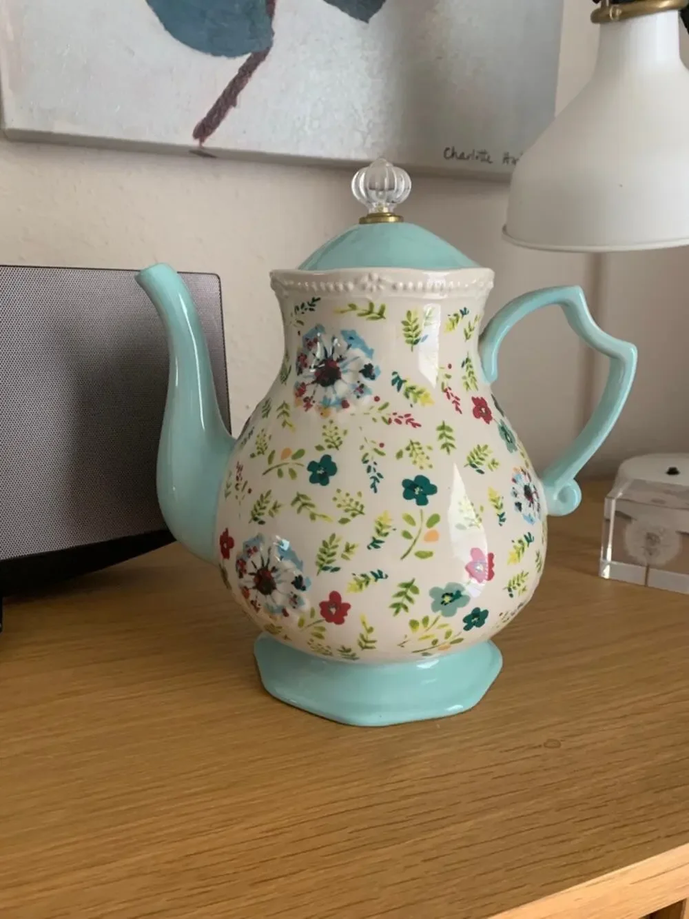 Pioneer Woman Kari Large 10-Cup Floral Teapot Turquoise 2.7 Qt Discontinued